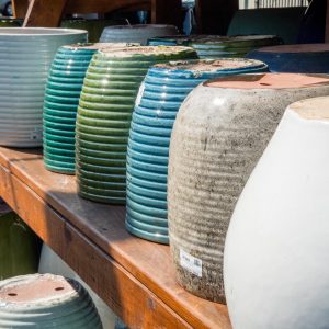 colorful array of glazed pots